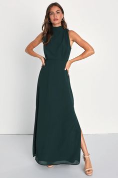 Your energy will be regal in the Lulus Classic Elegance Emerald Chiffon Sleeveless Mock Neck Maxi Dress! Airy woven chiffon shapes this gorgeous dress that has a mock neckline and a sleeveless bodice with gathered fabric detailing. A lightly elasticized waist tops a stunning maxi skirt complete with twin side slits. Keyhole opening and double button closure at back. Hidden back zipper/clasp. Mock Neck Maxi Dress, Sleeveless Mock Neck, Military Ball Dresses, Perfect Bridesmaid Dress, Emerald Green Dresses, Maid Of Honour Dresses, Fall Wedding Guest Dress, Mock Neck Dress, Mob Dresses