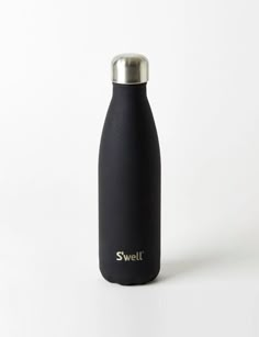 a black stainless steel water bottle with the word swell on it's side, sitting in front of a white background