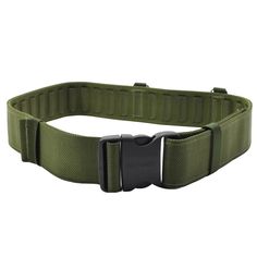 an olive green belt with a black buckle on the front and bottom, which is attached to