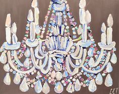 a painting of a chandelier with many candles