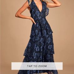 Worn Once To A Wedding. New Condition. Blue Maxi Dress With Ruffled Straps For Party, Lace Ruffled Maxi Dress For Date Night, Lace Maxi Dress With Ruffles For Date Night, Date Night Lace Maxi Dress With Ruffles, Lulus Wedding, Formal Wedding Guest Dress, Black Tie Wedding Guests, Plum Dress, Marine Uniform