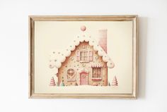 a painting of a gingerbread house on a white wall