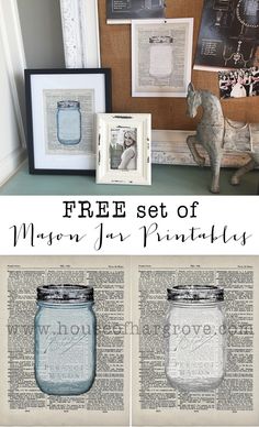 three mason jars are sitting on a table next to framed pictures and an old book page