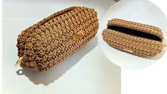 a crocheted brown purse sitting on top of a white table next to a zippered pouch