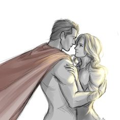 a drawing of a man and woman embracing each other with capes over their heads