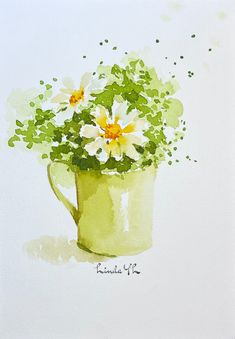 a painting of flowers in a green watering can