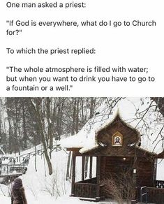 a person walking in the snow near a small building with a bell on it's roof