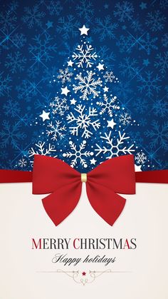 a merry christmas card with a red bow and snowflakes on the blue background