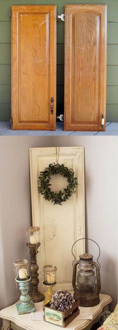 an old dresser has been transformed into a rustic display with wreaths and candles on it