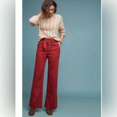 New With Tags Anthropologie Cassidy Belted Wide Leg Pants In The Color Cedar In Size 14. These Are High Waisted, Fall Beautifully With A Tad Of Stretch And Have Plenty Of Length. Belt Is Attached. Retailed For $120. Please Ask For Measurements If Needed! Red Wide Leg Jeans For Work, Red High Waist Jeans For Work, High Waist Red Jeans For Work, Red Mid-rise Jeans For Workwear, Red Mid-rise Jeans For Work, Red Cotton Wide Leg Work Pants, 90s Womens Fashion Hip Hop, Wide Leg Linen Trousers, Style Wide Leg Pants