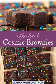 chocolate brownies with colorful sprinkles and the words, the best cosmic brownies