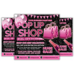 two pink and black flyer flyers for a pop up shop with shopping bags on it