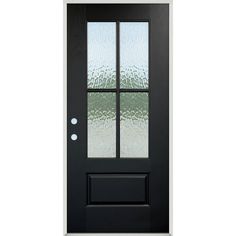 a black door with frosted glass on it