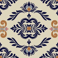 a blue and brown wallpaper with an ornate design