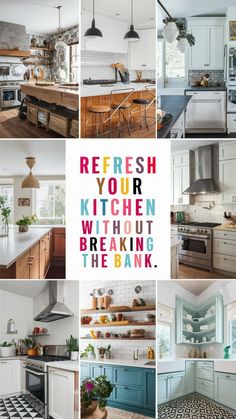 a collage of photos with different kitchen appliances and decor in various colors, including white cabinets