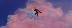 a man flying through the air on top of a blue and pink cloud with an umbrella