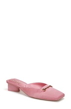 A square toe and low block heel sharpen the style of a sleek mule topped by a glinting bit. 1 1/4" heel Synthetic upper and lining/rubber sole Imported Sam Edelman Mules, Round Toe Shoes, Saddle Leather, Pink Blossom, Low Block Heels, Mule Clogs, Mules Shoes, Sam Edelman, Mule