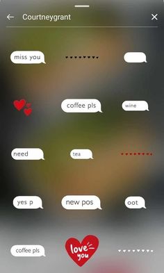 an iphone screen with several conversation bubbles and hearts on the bottom right hand corner that says love you, miss you, coffee ple