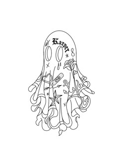 a black and white drawing of an octopus with the word happy on it's face