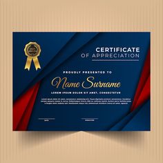 certificate of appreciation with blue and red wavy paper, gold ribbon and seal on top