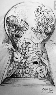 a pencil drawing of the inside of a snow globe with cartoon characters and flowers in it