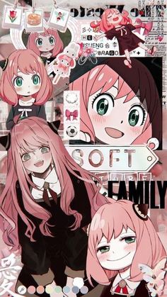 two girls with pink hair and green eyes are in front of a sign that says soft family