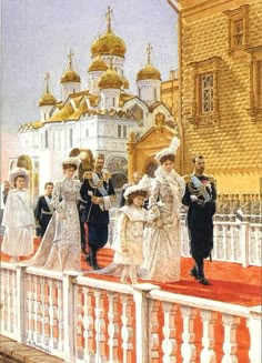 a painting of people walking across a bridge in front of a building with golden domes