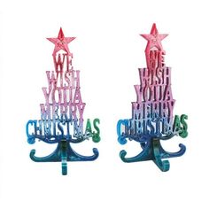 two metal christmas trees with the words wish you a merry christmas written in different colors