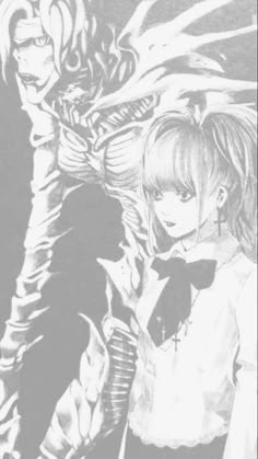 two anime characters standing next to each other in front of a pink background with black and white graphics