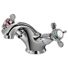 a chrome faucet with two red and blue knobs on the handles is shown