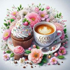 a cup of coffee and some flowers on a plate with the words good morning written in it