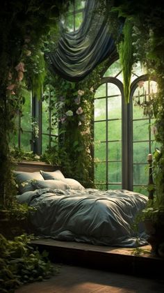 Amazing views from bedrooms Secret Garden Room Ideas, Bedroom Decor Natural Earthy, Magical Dorm Room, Flower Garden Bedroom, Dark Fairytale Bedroom, Overgrown Bedroom Aesthetic, Lush Bedroom Ideas, Fairytale Cottage Bedroom, Enchanted Forest Bedroom Aesthetic