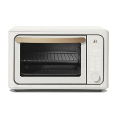 a white toaster oven with the door open