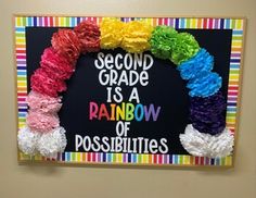 a bulletin board with rainbows on it and the words second grade is a rainbow of possibilities