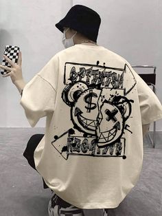 Beige Casual Collar Half Sleeve Knitted Fabric Cartoon,Letter  Embellished Slight Stretch  Men Clothing Graphic Shirt Design, Tee Shirt Fashion, Streetwear Shirts, Drop Shoulder Tee, T Shirt Oversize, Cool Outfits For Men, Graphic Tee Design, Tee Shirt Homme, Streetwear Tshirt