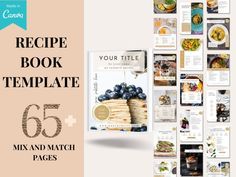 the recipe book template is displayed in front of an assortment of pictures and text boxes