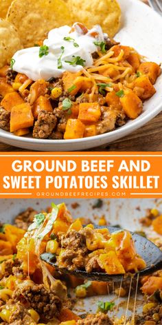 A one-pan ground beef and sweet potatoes! This main course recipe will become one of your favorites. Full of Tex-Mex flavors while being healthy and packed with nutrients, this simple skillet meal is a winner! Put this easy family dinner on your rotation! Beef And Sweet Potato, Sweet Potato Skillet Recipes, Potatoes Skillet, Sweet Potato Skillet, Healthy Ground Beef, Skillet Potatoes, Dinner With Ground Beef, Ground Beef Recipes For Dinner, Easy Family Dinners