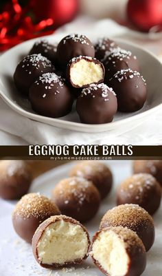 eggnog cake balls on a plate with one cut in half