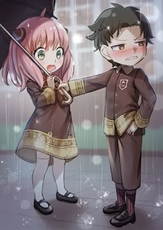 two anime characters holding an umbrella in the rain