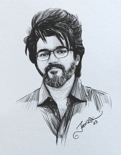 a black and white drawing of a man with glasses