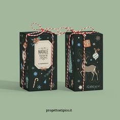 two black boxes with christmas wrapping on them