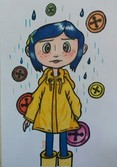 Coraline está vestida com sua capa de chuva amarela, calça legging azul marinho, da mesma cor de seus cabelos. Seus olhos são castanhos e bochechas rosadas com sardas.sua pele tem tom rosa claro. No fundo está caindo gotas de chuva nas cores azul e verde e tem vários botões de diversas cores caindo em volta dela. Halloween Drawings Coraline, Coraline Illustration Art, Carton Characters Drawings, Things To Draw Characters, Drawings Ideas With Color, Cool Colorful Drawings, Coralline Drawings Easy, How To Draw Coraline, Film Art Drawing