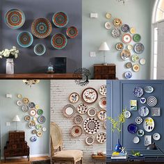 four different pictures of plates on the wall