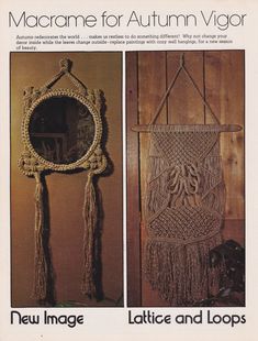 an advertisement for macrame for autumn vigner with two pictures of macrame hangings