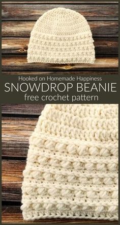 two crocheted hats with text that reads, how to knit a snowdrop beanie