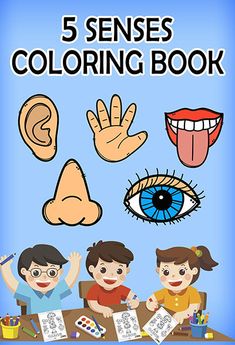 the five senses coloring book is open and showing an image of three children sitting at a table with their hands up