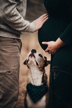 a pregnant woman standing next to a dog wearing a bow tie