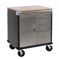 a metal cabinet with drawers on wheels and a wooden top is shown in front of a white background