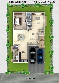 an overhead view of a house with two cars parked in the driveway and one floor plan