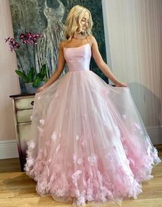 Pink Tulle Evening Dress, 3d Applique, Pink Spaghetti, Prom Dresses Elegant, Pink Evening Dress, Maxi Dress Wedding Guest, Spaghetti Strap Prom Dress